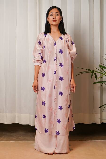 Buy_Shiori_Pink Chanderi Floral Motifs V Neck Garden Print Tunic_Online_at_Aza_Fashions