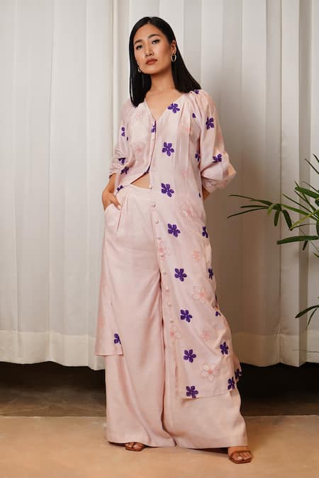 Shop_Shiori_Pink Chanderi Floral Motifs V Neck Garden Print Tunic_Online_at_Aza_Fashions