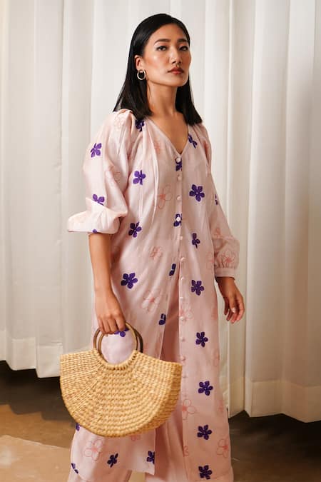 Shiori_Pink Chanderi Floral Motifs V Neck Garden Print Tunic_at_Aza_Fashions