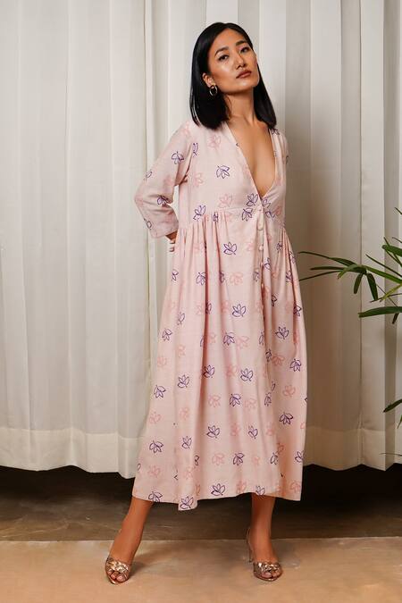Shiori_Pink Crepe, Slub Chanderi Floral Motifs V Neck Printed Flared Dress_Online_at_Aza_Fashions