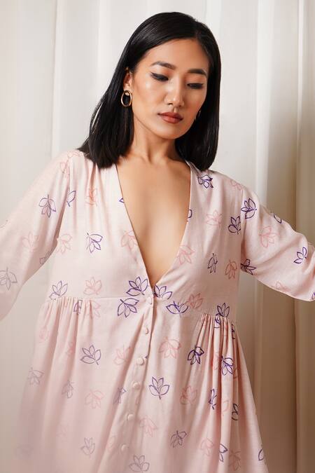 Buy_Shiori_Pink Crepe, Slub Chanderi Floral Motifs V Neck Printed Flared Dress_Online_at_Aza_Fashions