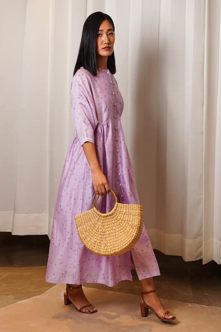Shiori_Purple Chanderi Floral Motifs Jewel Neck Print Dress _Online_at_Aza_Fashions