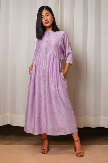 Buy_Shiori_Purple Chanderi Floral Motifs Jewel Neck Print Dress _Online_at_Aza_Fashions