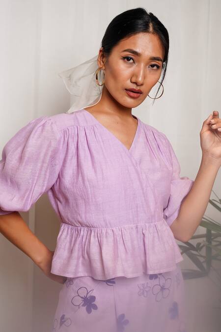 Buy_Shiori_Purple Slub Chanderi Plain V Neck Wrap Top_Online_at_Aza_Fashions