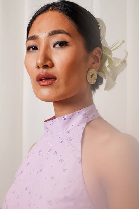 Shop_Shiori_Purple Crepe, Cotton Silk Floral Motifs Halter Neck Printed Jumpsuit_Online_at_Aza_Fashions