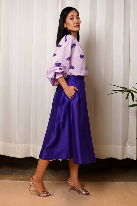 Shiori_Purple Chanderi, Crepe Plain Flared Skirt_Online_at_Aza_Fashions