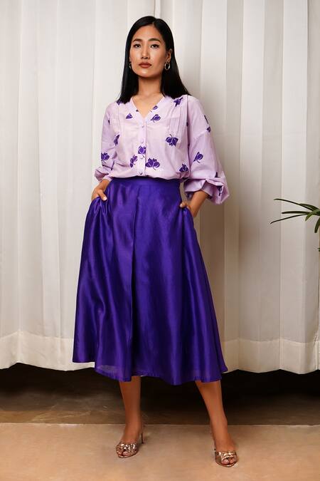 Buy_Shiori_Purple Chanderi, Crepe Plain Flared Skirt_Online_at_Aza_Fashions