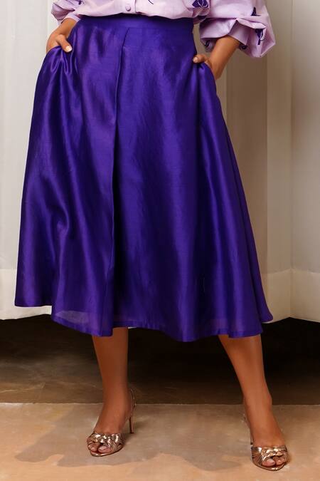 Shop_Shiori_Purple Chanderi, Crepe Plain Flared Skirt_Online_at_Aza_Fashions
