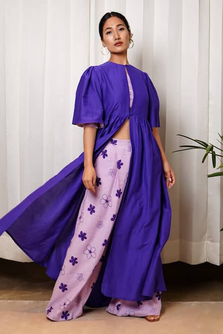 Shiori_Purple Cotton Silk Plain Jewel Neck Flared Sleeve Cape_Online_at_Aza_Fashions