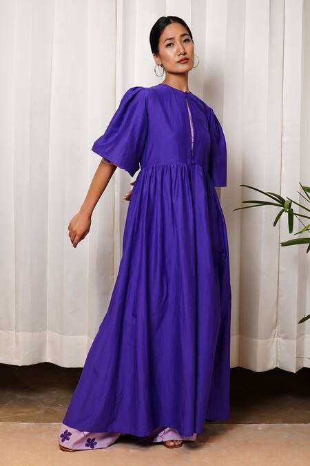 Buy_Shiori_Purple Cotton Silk Plain Jewel Neck Flared Sleeve Cape_Online_at_Aza_Fashions
