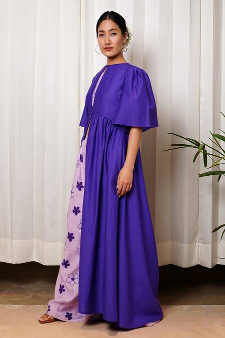 Shop_Shiori_Purple Cotton Silk Plain Jewel Neck Flared Sleeve Cape_Online_at_Aza_Fashions