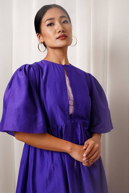 Shiori_Purple Cotton Silk Plain Jewel Neck Flared Sleeve Cape_at_Aza_Fashions