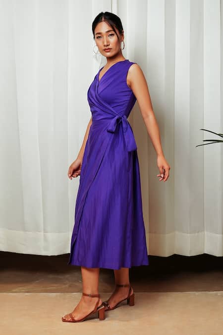Shop Shiori Purple Crepe, Cotton Silk Plain V Neck Wrap Draped Dress at Aza Fashions Shop_Shiori_Purple Crepe, Cotton Silk Plain V Neck Wrap Draped Dress_at_Aza_Fashions