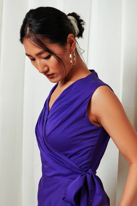 Buy Shiori Purple Crepe, Cotton Silk Plain V Neck Wrap Draped Dress Online at Aza Fashions Buy_Shiori_Purple Crepe, Cotton Silk Plain V Neck Wrap Draped Dress_Online_at_Aza_Fashions