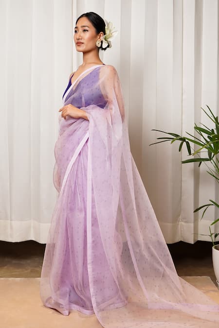 Shiori_Purple Silk Organza Printed Floral Motifs Saree _Online_at_Aza_Fashions