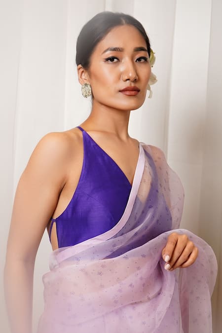 Shiori_Purple Silk Organza Printed Floral Motifs Saree _at_Aza_Fashions