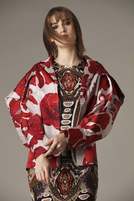 Alpona Designs By Soham Acharya Hibiscus Print Puff Sleeve Jacket 