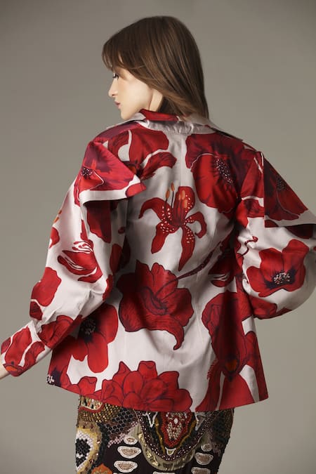 Alpona Designs By Soham Acharya Hibiscus Print Puff Sleeve Jacket 