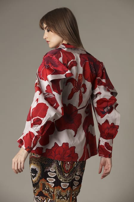 Alpona Designs By Soham Acharya_Pink Pure Satin Hibiscus Notched Collar Print Puff Sleeve Jacket _Online_at_Aza_Fashions