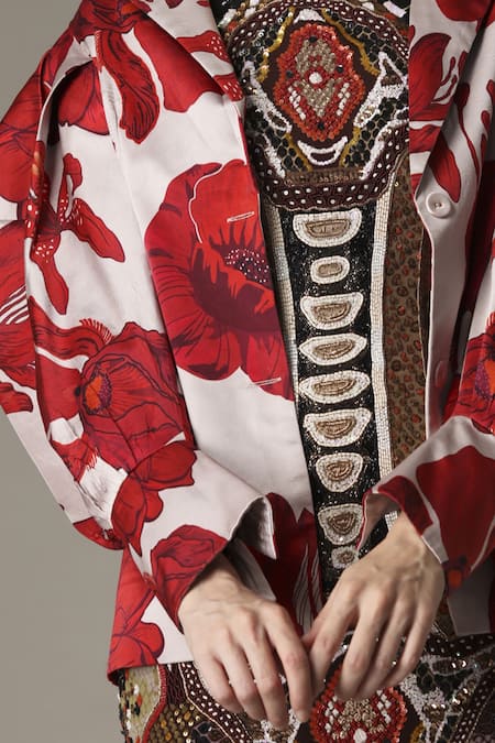 Buy_Alpona Designs By Soham Acharya_Pink Pure Satin Hibiscus Notched Collar Print Puff Sleeve Jacket _Online_at_Aza_Fashions