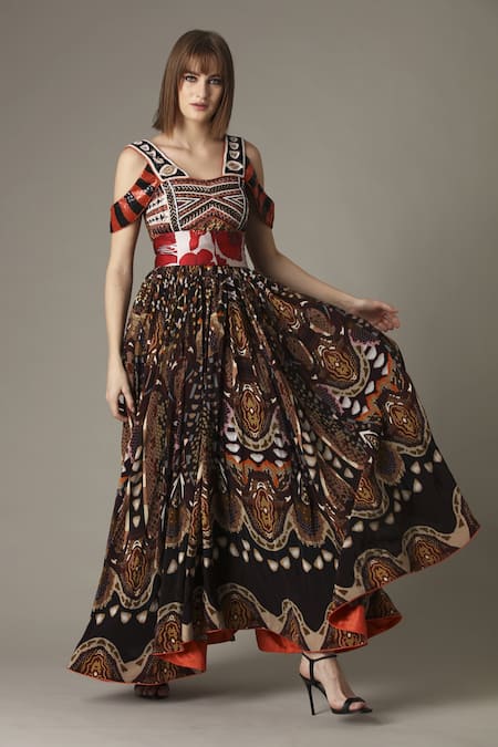 Alpona Designs By Soham Acharya Brown Natural Crepe Snake Blunt V Neck Print Cold Shoulder Dress 