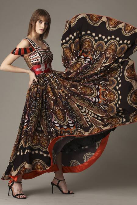 Alpona Designs By Soham Acharya_Brown Natural Crepe Snake Blunt V Neck Print Cold Shoulder Dress _Online_at_Aza_Fashions