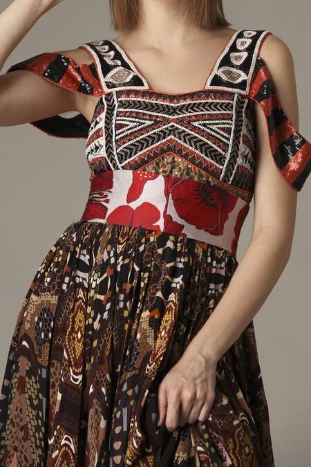 Buy_Alpona Designs By Soham Acharya_Brown Natural Crepe Snake Blunt V Neck Print Cold Shoulder Dress _Online_at_Aza_Fashions