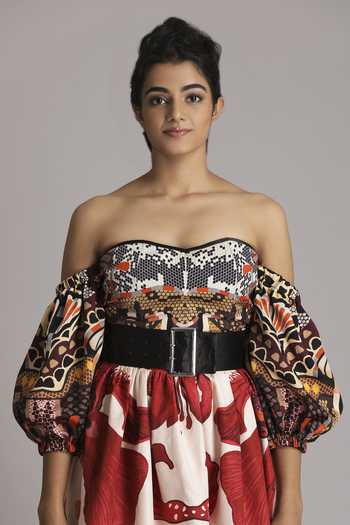 Alpona Designs By Soham Acharya_Brown Bamberg Satin Reptile Sweetheart Neck Print Corset _Online_at_Aza_Fashions