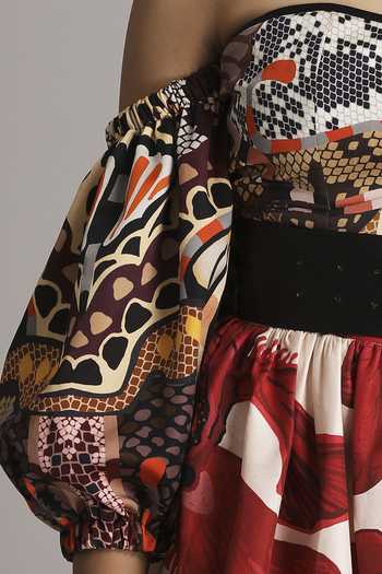 Buy_Alpona Designs By Soham Acharya_Brown Bamberg Satin Reptile Sweetheart Neck Print Corset _Online_at_Aza_Fashions