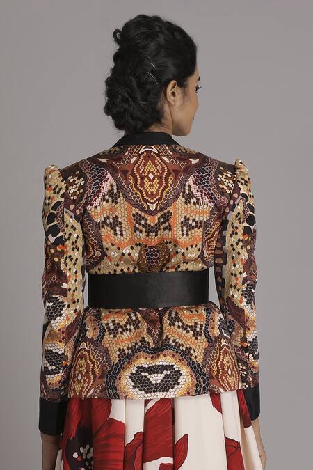 Shop Alpona Designs By Soham Acharya Brown Bamberg Satin Snake Open Print Jacket at Aza Fashions Shop_Alpona Designs By Soham Acharya_Brown Bamberg Satin Snake Open Print Jacket _at_Aza_Fashions