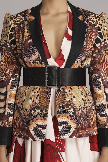 Buy Alpona Designs By Soham Acharya Brown Bamberg Satin Snake Open Print Jacket Online at Aza Fashions Buy_Alpona Designs By Soham Acharya_Brown Bamberg Satin Snake Open Print Jacket _Online_at_Aza_Fashions