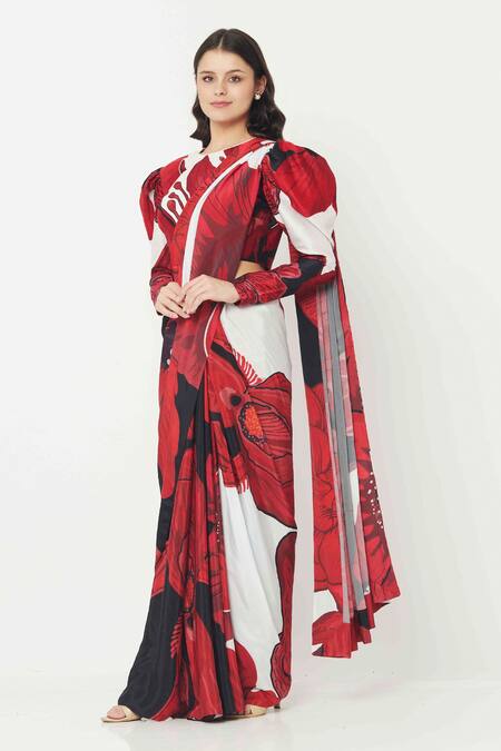 Alpona Designs By Soham Acharya_Red Natural Crepe Hibiscus Print Saree _Online_at_Aza_Fashions
