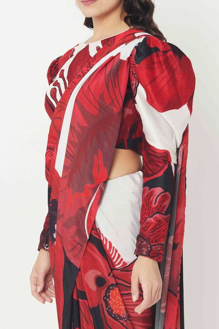 Buy_Alpona Designs By Soham Acharya_Red Natural Crepe Hibiscus Print Saree _Online_at_Aza_Fashions