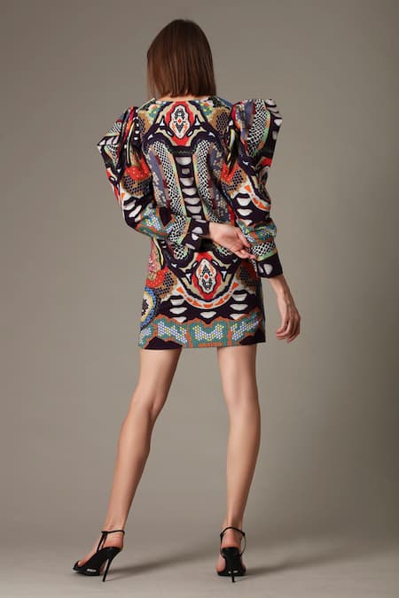 Shop Alpona Designs By Soham Acharya Multi Color Cotton Rayon Snake Round Print Dress at Aza Fashions Shop_Alpona Designs By Soham Acharya_Multi Color Cotton Rayon Snake Round Print Dress _at_Aza_Fashions