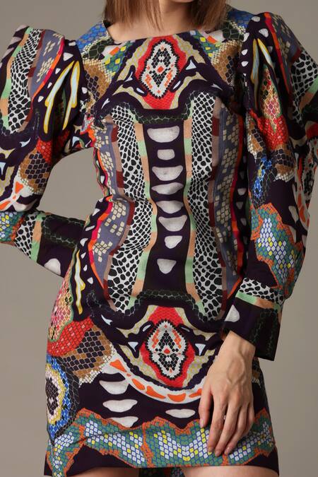 Buy Alpona Designs By Soham Acharya Multi Color Cotton Rayon Snake Round Print Dress Online at Aza Fashions Buy_Alpona Designs By Soham Acharya_Multi Color Cotton Rayon Snake Round Print Dress _Online_at_Aza_Fashions