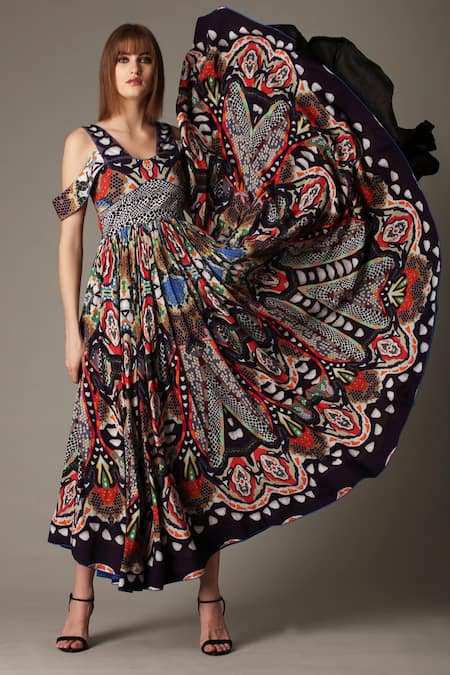 Alpona Designs By Soham Acharya Blue Italian Muslin Snake Blunt V Neck Print Cold Shoulder Dress 