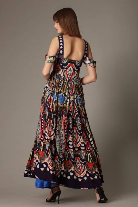 Shop Alpona Designs By Soham Acharya Blue Italian Muslin Snake Blunt V Neck Print Cold Shoulder Dress at Aza Fashions Shop_Alpona Designs By Soham Acharya_Blue Italian Muslin Snake Blunt V Neck Print Cold Shoulder Dress _at_Aza_Fashions