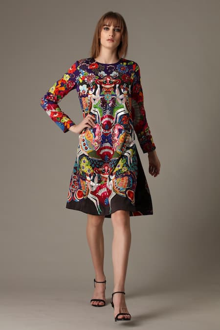 Alpona Designs By Soham Acharya Multi Color Pure Satin Mantis Round Print Shift Dress 