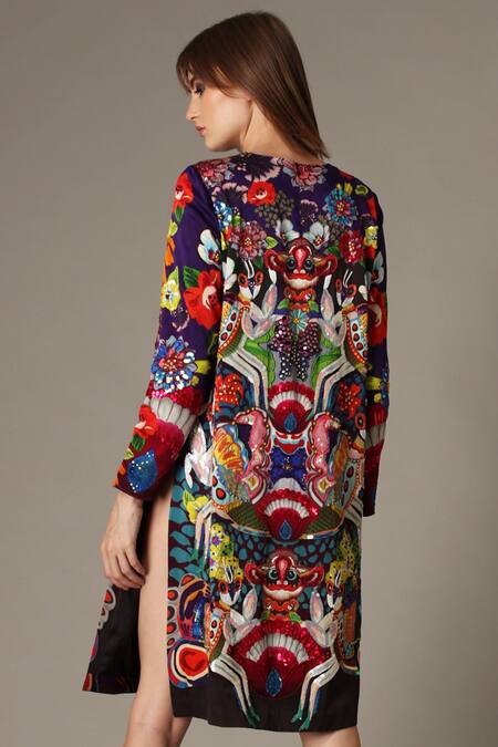 Shop Alpona Designs By Soham Acharya Multi Color Pure Satin Mantis Round Print Shift Dress at Aza Fashions Shop_Alpona Designs By Soham Acharya_Multi Color Pure Satin Mantis Round Print Shift Dress _at_Aza_Fashions