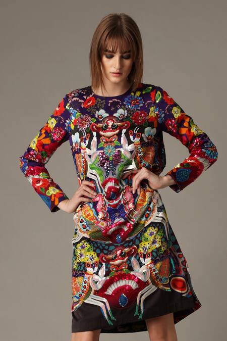 Buy Alpona Designs By Soham Acharya Multi Color Pure Satin Mantis Round Print Shift Dress Online at Aza Fashions Buy_Alpona Designs By Soham Acharya_Multi Color Pure Satin Mantis Round Print Shift Dress _Online_at_Aza_Fashions