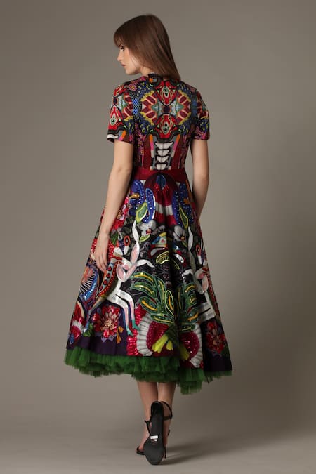 Shop Alpona Designs By Soham Acharya Green Pure Satin Mantis Round Print Flared Dress at Aza Fashions Shop_Alpona Designs By Soham Acharya_Green Pure Satin Mantis Round Print Flared Dress _at_Aza_Fashions