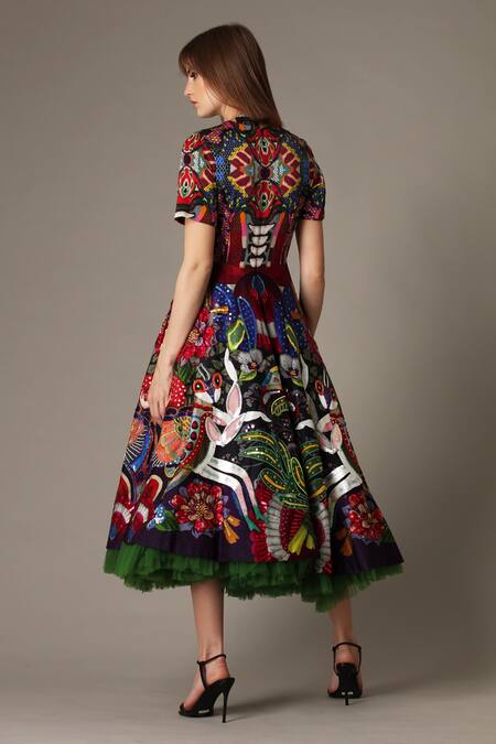 Alpona Designs By Soham Acharya Green Pure Satin Mantis Round Print Flared Dress Online at Aza Fashions Alpona Designs By Soham Acharya_Green Pure Satin Mantis Round Print Flared Dress _Online_at_Aza_Fashions