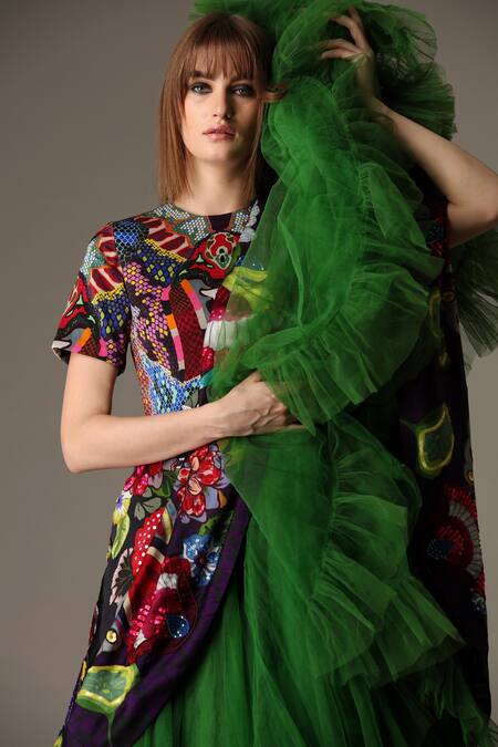 Buy Alpona Designs By Soham Acharya Green Pure Satin Mantis Round Print Flared Dress Online at Aza Fashions Buy_Alpona Designs By Soham Acharya_Green Pure Satin Mantis Round Print Flared Dress _Online_at_Aza_Fashions