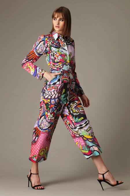 Alpona Designs By Soham Acharya_Multi Color Pure Cotton Humming Bird Shirt Collar Print Jumpsuit _Online_at_Aza_Fashions