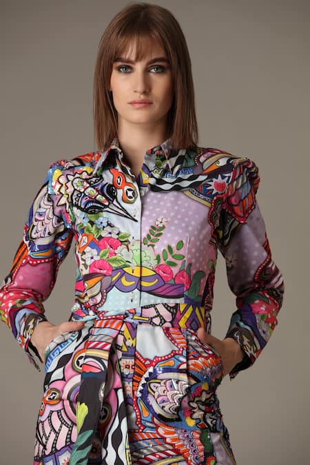 Buy_Alpona Designs By Soham Acharya_Multi Color Pure Cotton Humming Bird Shirt Collar Print Jumpsuit _Online_at_Aza_Fashions