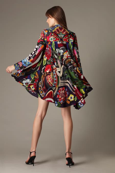 Shop Alpona Designs By Soham Acharya Multi Color Bamberg Satin Mantis Shirt Collar Print Dress at Aza Fashions Shop_Alpona Designs By Soham Acharya_Multi Color Bamberg Satin Mantis Shirt Collar Print Dress _at_Aza_Fashions