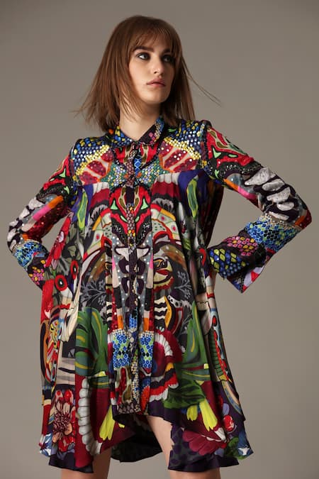 Alpona Designs By Soham Acharya Multi Color Bamberg Satin Mantis Shirt Collar Print Dress Online at Aza Fashions Alpona Designs By Soham Acharya_Multi Color Bamberg Satin Mantis Shirt Collar Print Dress _Online_at_Aza_Fashions