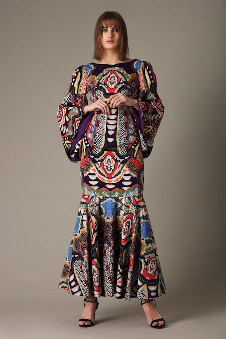 Alpona Designs By Soham Acharya Blue Modal Satin Snake Boat Print Mermaid Dress 