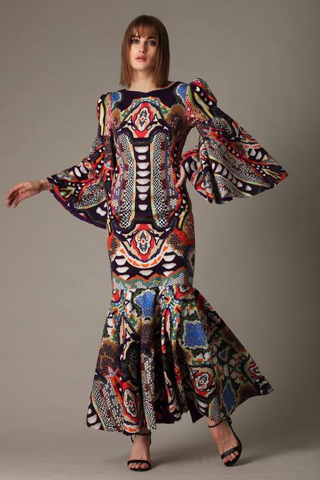 Alpona Designs By Soham Acharya_Blue Modal Satin Snake Boat Print Mermaid Dress _Online_at_Aza_Fashions