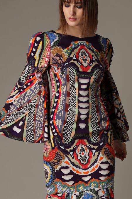 Buy_Alpona Designs By Soham Acharya_Blue Modal Satin Snake Boat Print Mermaid Dress _Online_at_Aza_Fashions